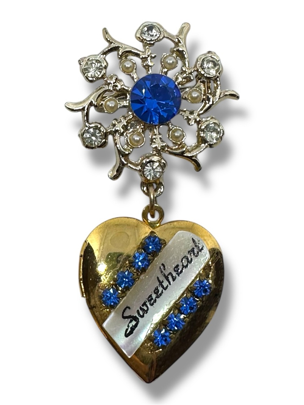 Vintage Sweetheart Heart Locket WWII 1940s Brooch  Rhinestone Dangle MOP